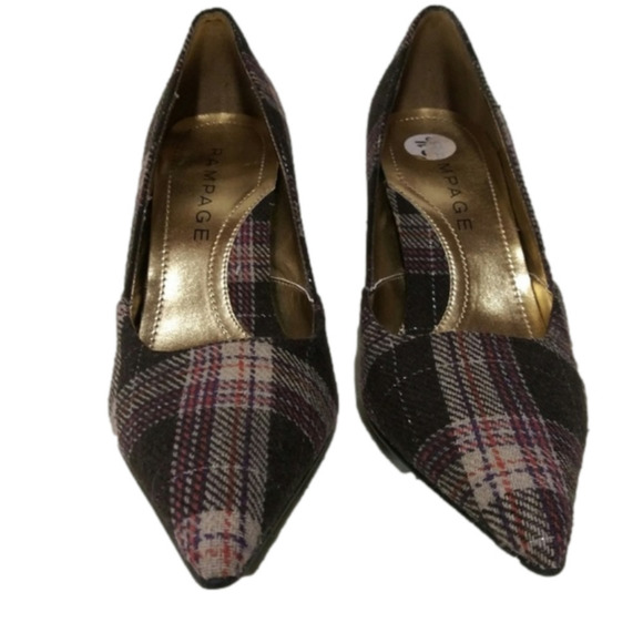 Rampage Maria Brown Plaid Fabric Upper Pointed Toe Slip On High Heel Shoe - Picture 1 of 8